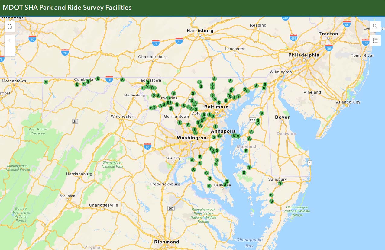 A screen shot of the MDOT SHA Park & Ride Map Application in ESRI ArcGIS.